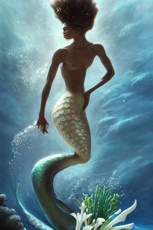 Image similar to zendaya as a dark - skinned la sirene haitian mermaid goddess, underwater, white lilies, shells, ethereal, bloom, highly detailed, sublime, highly detailed, trending on artstation, sharp focus, art by ruan jia and wlop and artgerm and greg rutkowski and magali villeneuve