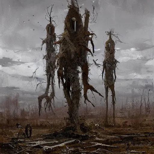 Image similar to painting of a abandoned post soviet town infested with humanoid root monsters by jakub rozalski