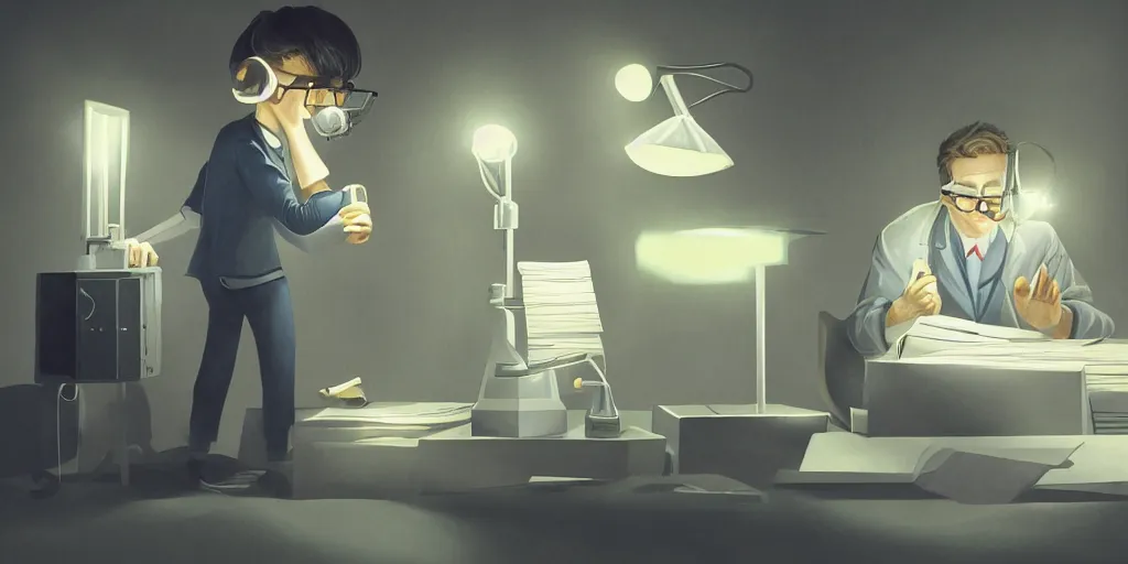 Prompt: scientist is holding a folder of documents, he is in shock, the folder glows and lights up his face, professional lighting, concept art, detailed art, 2 d digital painting, dark building