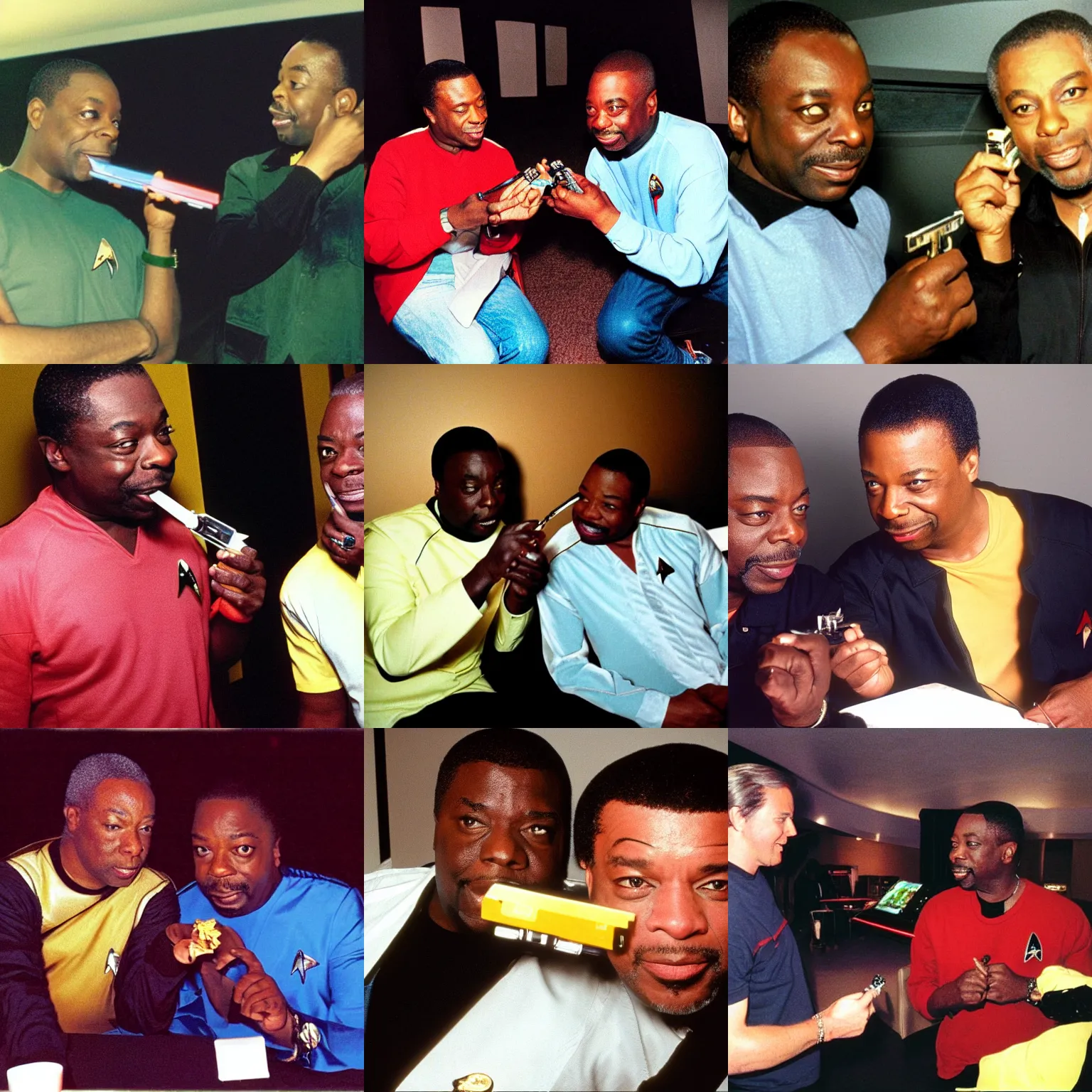 Prompt: Brent Spiner and Levar Burton TNG Star Trek sharing a blunt 1990s disposable camera