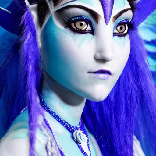 Image similar to close up headshot of a female navi from Avatar, blue skin, cosplay, photoshoot, studio lighting, photograpy by Bruce Weber