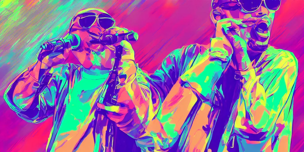 Image similar to rapping into microphone, on stage at festival during lightning storm, digital art, vapor wave, hip hop, surreal, psychedelic, trending on Artstation, professional artist, detailed, 4k