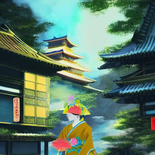 Image similar to detailed 風 景 + luminescent 背 景 + scenery artwork 厚 塗 り, artstation!! pixiv!! coloful geisha looking like billy illish in foreground!! width - 1 0 2 4