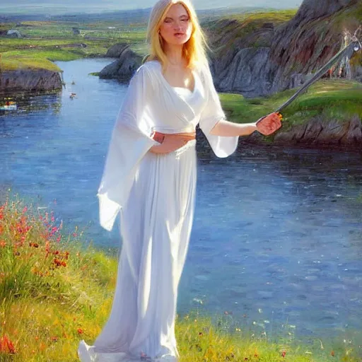 Image similar to blonde female jedi knight watching over the swedish countryside, archipelago, masterpiece, highly detailed, beautiful, atmospheric, impressionism, painting by Vladimir Volegov