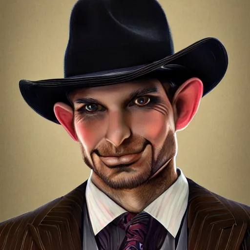 Image similar to a upper body portrait of a deer in a pinstriped suit and pants wearing a fedora with the antlers sticking out of the fedora by artgerm and wlop, intricate detail, digital art, photorealistic, trending on artstation