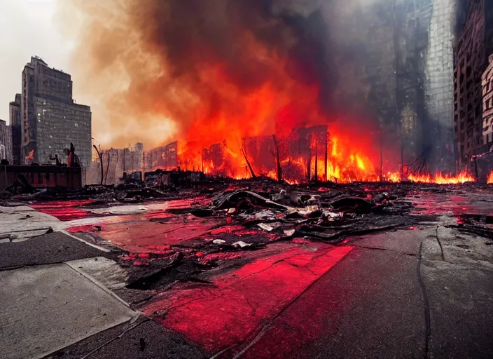 Prompt: dirty, dark, streets of New York, huge fires flaming through the streets, blood red colored sky, apocalpyse, debris on the floor