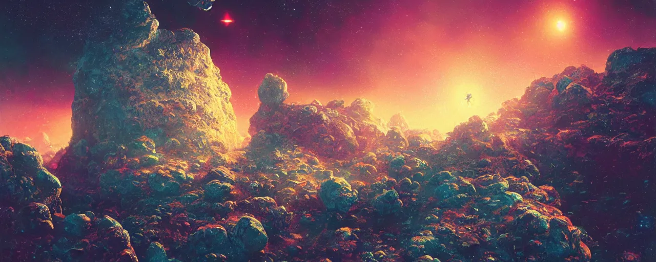 Image similar to ” rocky asteroid floating in space, [ cinematic, detailed, epic, widescreen, opening, establishing, mattepainting, photorealistic, realistic textures, octane render, art by paul lehr ] ”