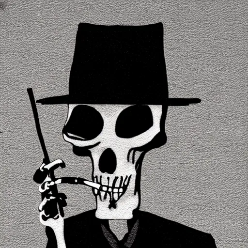 Prompt: skeleton smokin a cig, black background, noir style