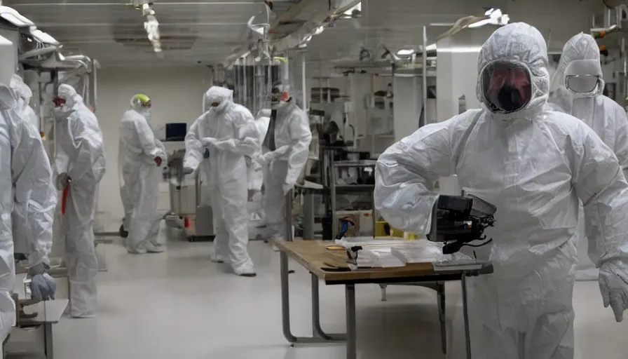 Image similar to Big budget color horror movie set inside a bioweapons lab, where a deadly virus is being created