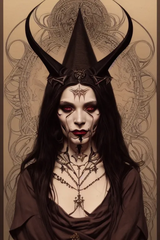 Image similar to portrait of a satanic witch, tattooed face, upper body, decorated, intricate, elegant, highly detailed, digital painting, artstation, concept art, smooth, sharp focus, illustration, art by artgerm and greg rutkowski and alphonse mucha, 8 k