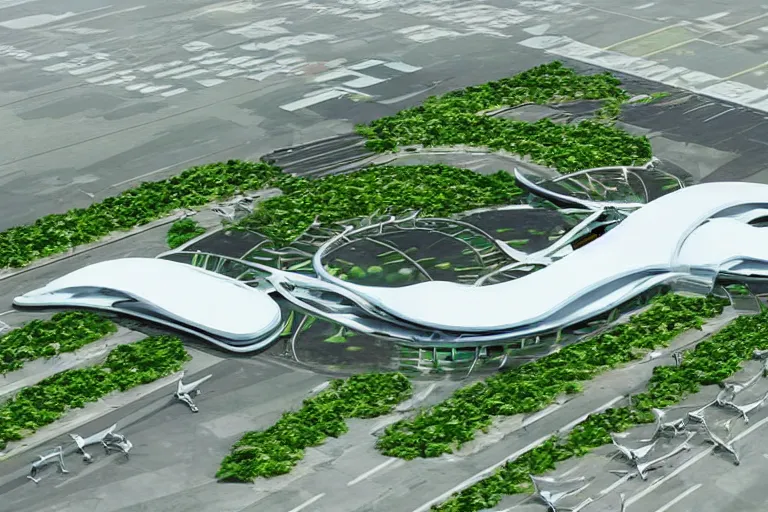 Prompt: Big futuristic airport terminal in the Philippines with green plants