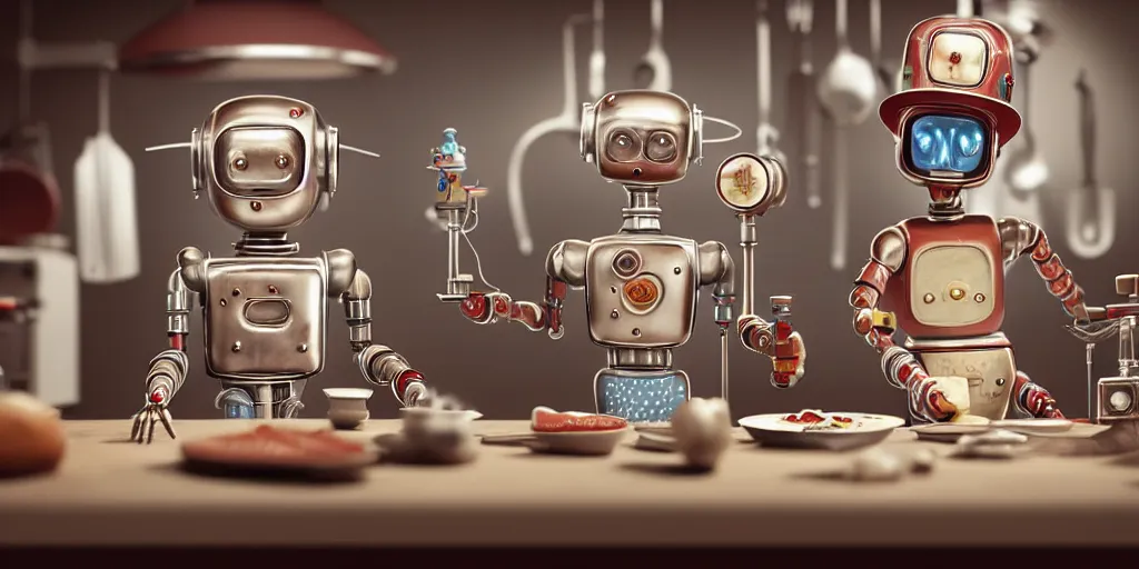 Prompt: closeup portrait of tin toy retro robot scientists cooking pastry in a kitchen, depth of field, zeiss lens, detailed, centered, fashion photoshoot, by nicoletta ceccoli, mark ryden, lostfish, breathtaking, 8 k resolution, extremely detailed, beautiful, establishing shot, artistic, hyperrealistic, octane render