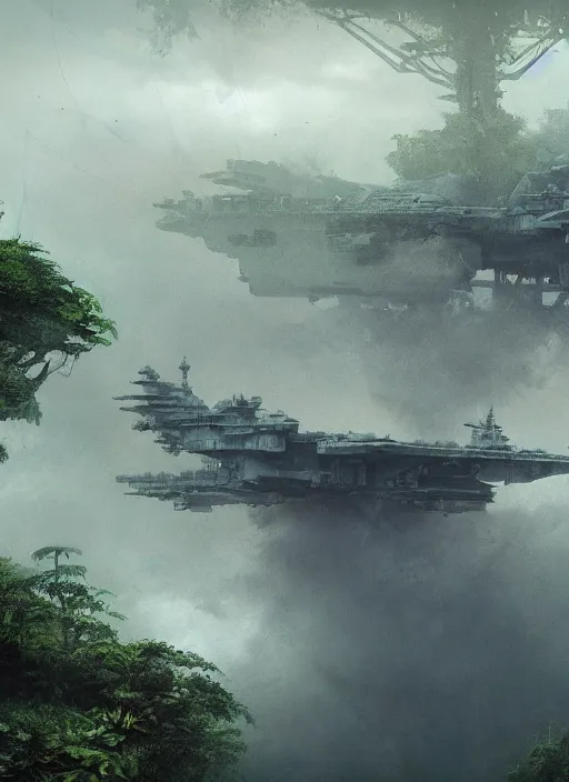 Image similar to aircraft carrier USS Nimitz overgrown with vegetation laying on the ground of a tropical forest, post appocalyptic, by Luis Royo, by Greg Rutkowski, dark, gritty, intricate, cover illustration, concept art, volumetric lighting, volumetric atmosphere, sharp focus, octane render, trending on artstation, 8k