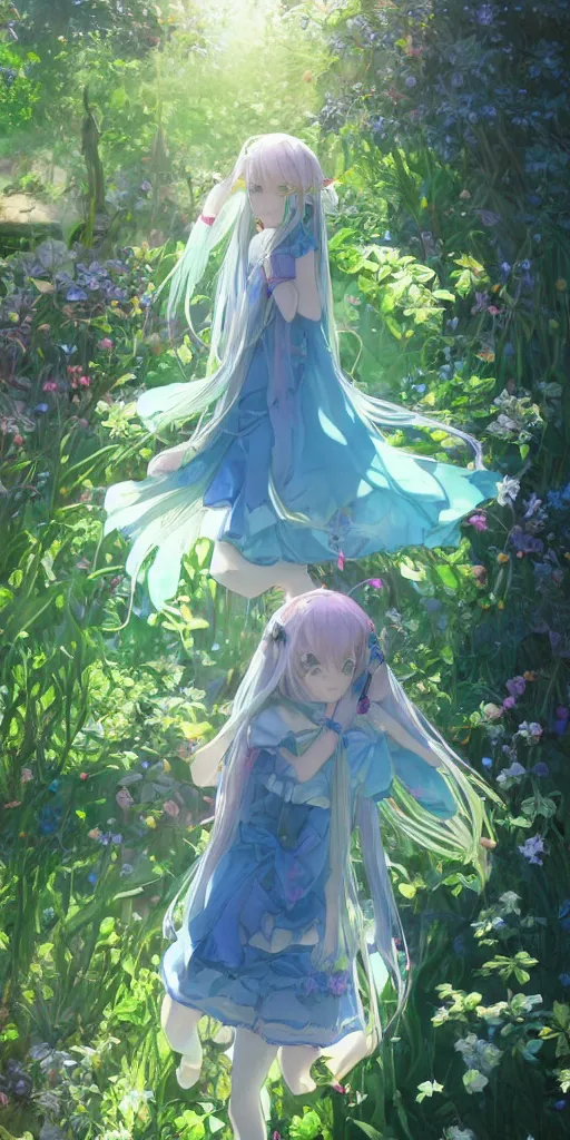 Image similar to a digital art of a loli with long hair in a dress, privet garden, after noon, green and blue and warm theme, back lighting, highly detailed, 4 k resolution, trending on art station, elegant, depressed, melancholic, by krenz cushart and mucha and akihito yoshida and greg rutkowski and makoto shinkai