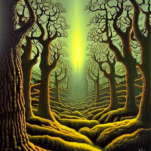 Image similar to an ancient druidic village in the woods, painting by jeffrey smith