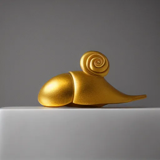 Image similar to golden snail award trophy on top of a marble pillar, white background, soft lighting