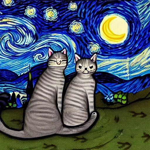 Image similar to back of Cats staring at the moon a starry night style