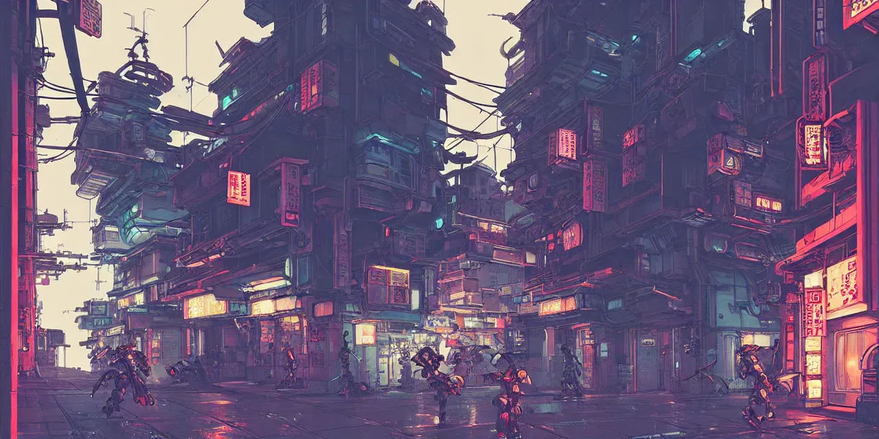 Prompt: Masamune Shirow simon stalenhag exterior Robot Knight Myrmidon street neo tokyo cyberpunk. ian mcque ink calligraphy art James Gilleard.