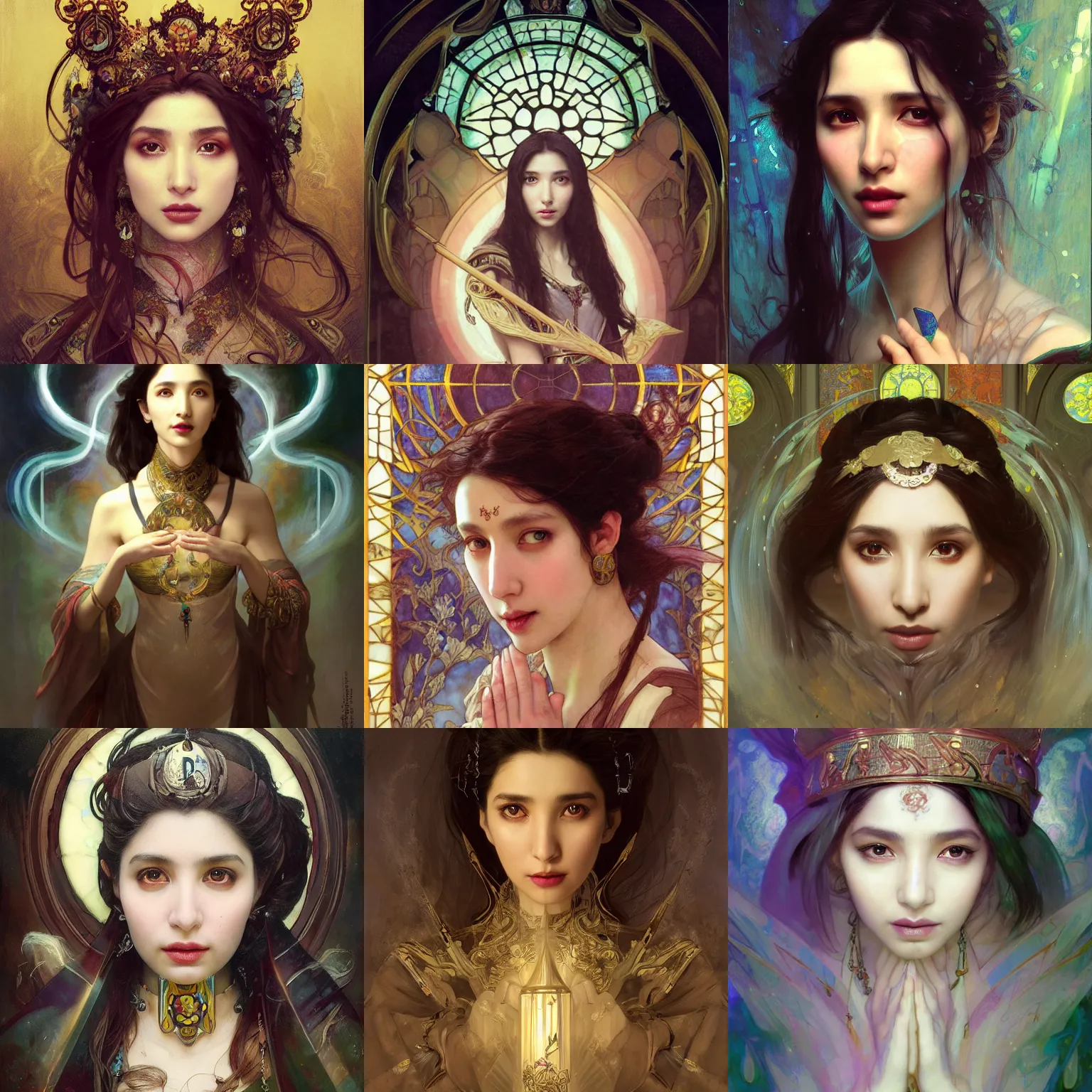 Prompt: masterpiece head-on symmetrical centered painted portrait, Mahira Khan as D&D Mage, wearing wizard robes, no hands, glowing stained glass backdrop, elegant, in the style of Ruan Jia and Artgerm and Edgar Maxence and Ross Tran and Alphonse Mucha and Ayami Kojima and Charlie Bowater and Greg Rutkowski and Karol Bak and Jean Delville, Art Nouveau, Pre-Raphaelite, Neo-Gothic, gothic, 8k, specular highlights, octane render