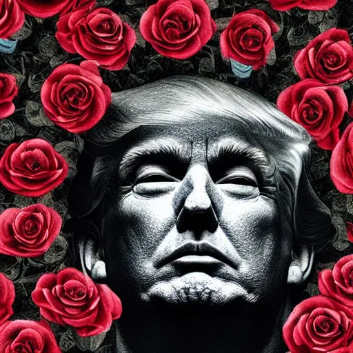 Image similar to amazingly complex portrait of Donald trump laying in a bed of black roses as a goddess staring curiously at you. soft detailed painting at 16K resolution and amazingly epic visuals. epically beautiful image. amazing effect, image looks gorgeously crisp as far as it's visual fidelity goes, absolutely outstanding. vivid clarity. ultra detail. iridescent. mind-breaking. mega-beautiful pencil shadowing. beautiful face. Ultra High Definition. soft shading. soft texture. intensely beautiful.