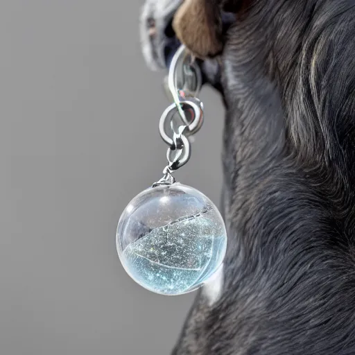 Prompt: High resolution close up photo of a crystal clear bobble containing the Andromeda galaxy hanging from a dog's collar, 8k