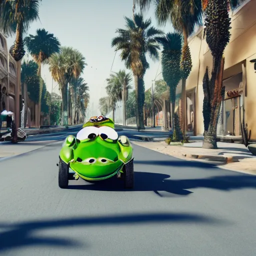 Prompt: illustration of kermit the frog driving in marrakech, morocco, palm trees, 8 k, octane render, hyperdetailed, illustration, oil painting