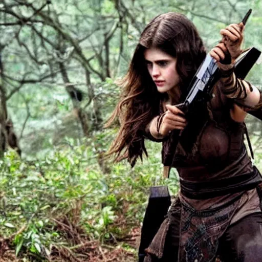 Prompt: photo of alexandra daddario as a rogue warrior with daggers