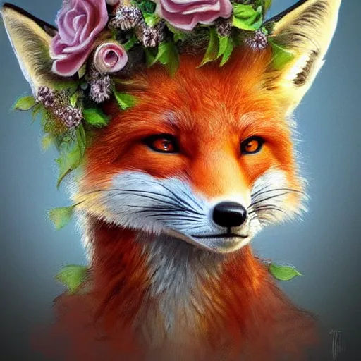 Prompt: portrait of a fox wearing a tiara wreath flowers, fantasy art, trending on artstation deviantart, beautiful art, highly detailed