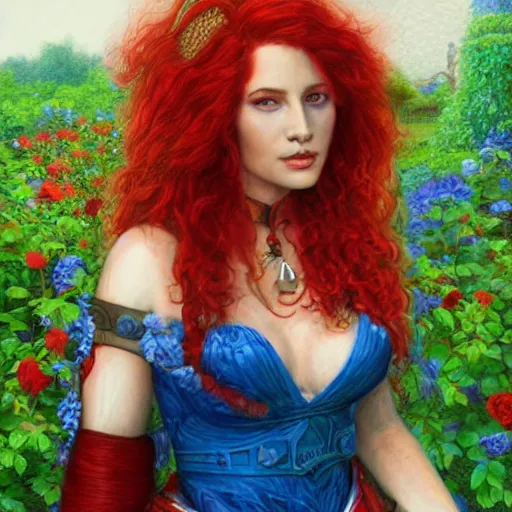 Prompt: a beautiful warrior woman, red hair, blue dress, detailed, rose garden, by john howe _ h 7 0 4