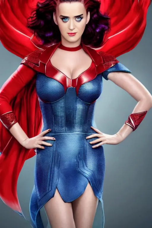 Image similar to katy perry as scarlet witch in the avengers, portrait realistic photograph, very detailed face