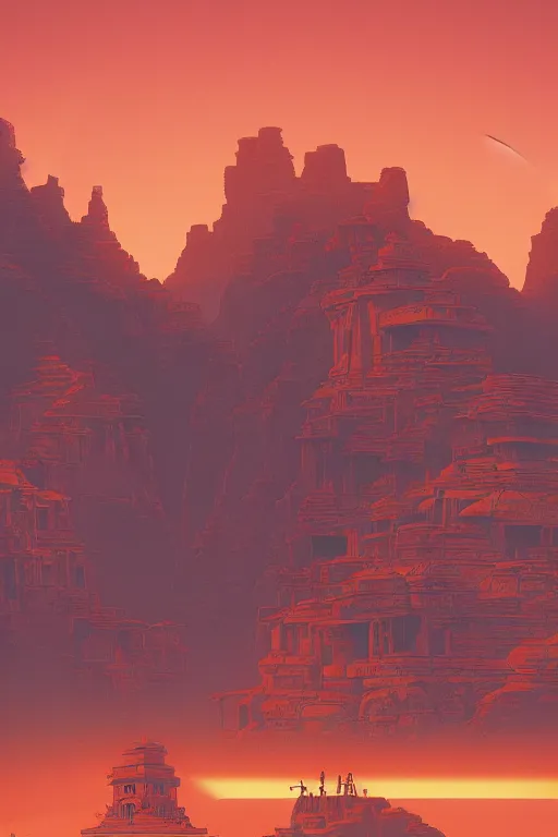 Image similar to ancient temples glowing orange in canyon, monks, geometric lines in the sky, floating planets, dramatic lighting, artstation, matte painting, ralph mcquarrie, simon stalenhag