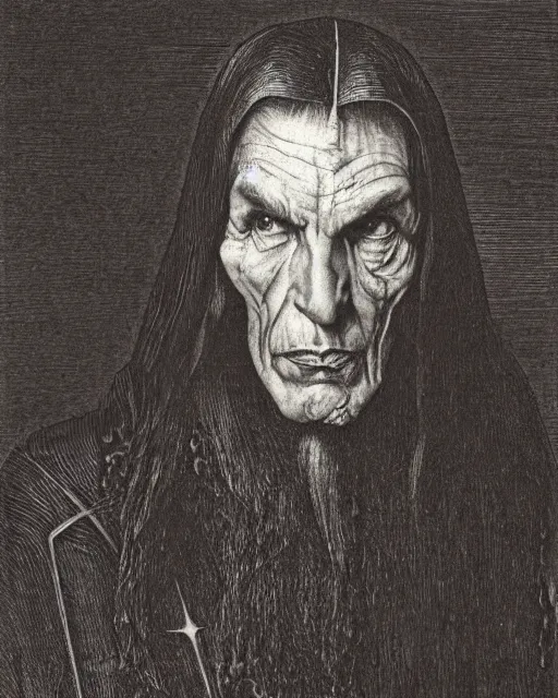 Prompt: an engraving of leonard nimoy as vlad dracul by albrecht durer, gustave dore, highly detailed, lithograph engraving