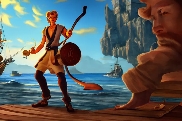 Prompt: Cinematography of guybrush threepwood in melee island port by Emmanuek Lubensky