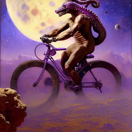 Image similar to a giant purple octopus riding a bicycle on the moon. highly detailed painting by gaston bussiere, greg rutkowski, j c leyendecker 8 k