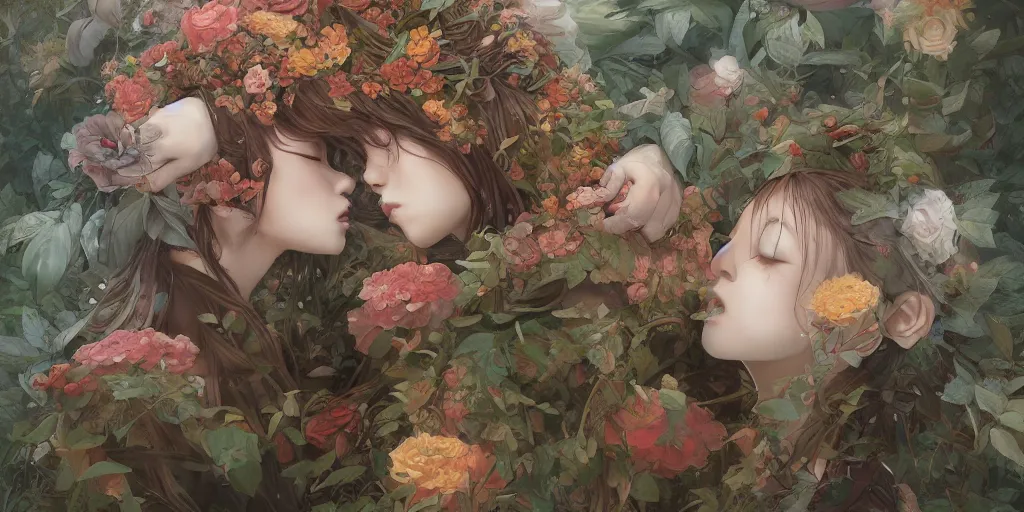 Image similar to breathtaking detailed concept art painting of kissing humanoid bears, amalgamation of leaves and flowers, by Hsiao-Ron Cheng, James jean, Miho Hirano, Hayao Miyazaki, extremely moody lighting, 8K