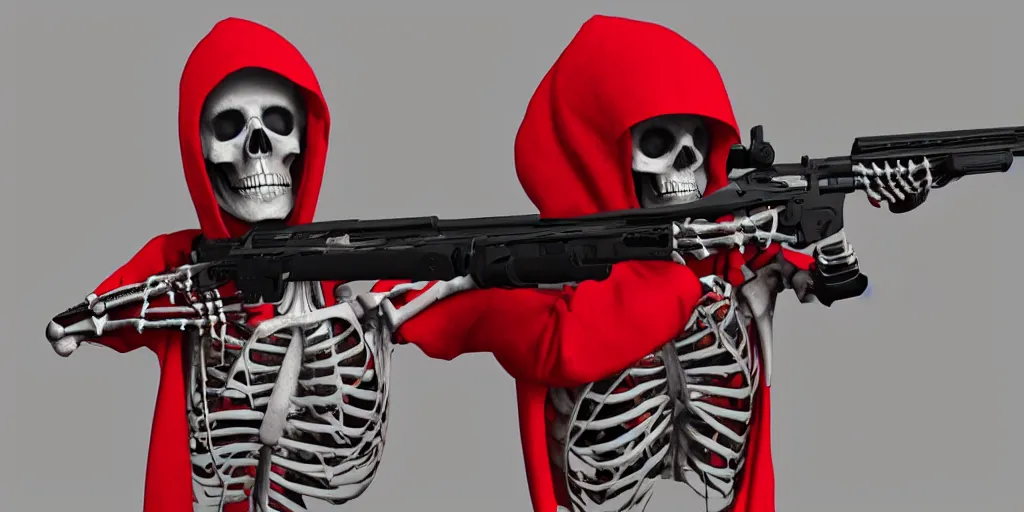 Image similar to a skeleton in a red hoodie with a rifle ultrarealism