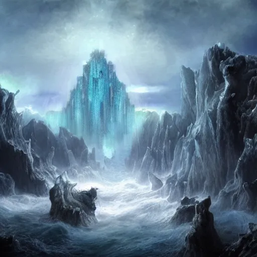 Prompt: fantasy rendering of atlantis rising, torrent, maelstrom, dante, chiseled formations, atmospheric, ambient, frost, matte painting