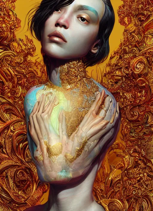 Image similar to gold skin :: by Martine Johanna and Simon Stålenhag and Chie Yoshii and wlop and Guillermo del toro :: ornate, dynamic, particulate, rich colors, elegant, centered, artstation, smooth, sharp focus, octane render, 3d