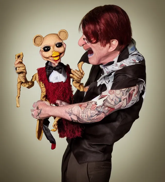 Image similar to hyper realistic photography of ventriloquist puppet, scott radke