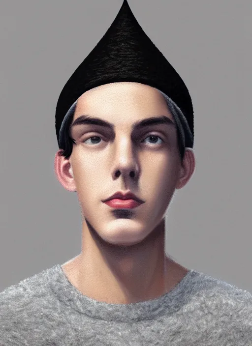 Image similar to portrait of teenage jughead jones wearing a light grey crown, photorealistic, crown made of felt fabric, crown, crown made of felt, black hair, intricate, elegant, highly detailed, digital painting, glowing lights, artstation, concept art, smooth, sharp focus, illustration, art by wlop, mars ravelo and greg rutkowski