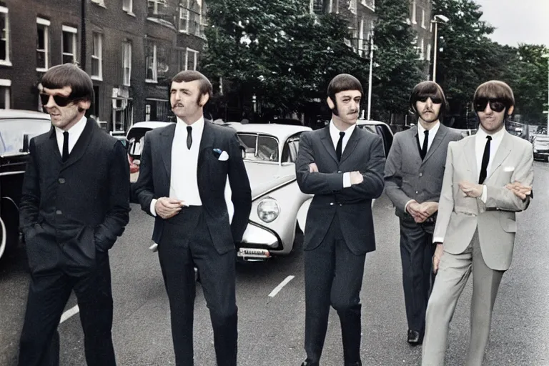 Image similar to sean connery as james bond with the beatles at abbey road recording studio, color photograph, 1 9 6 0 s