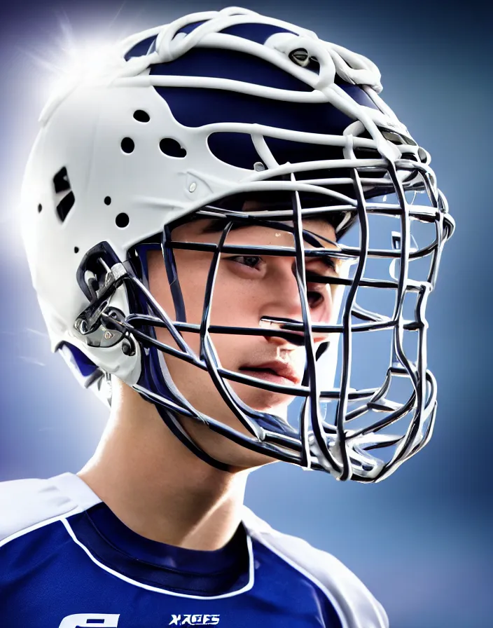 Image similar to closeup portrait of very beautiful cute male lacrosse player wearing a cascade xrs lacrosse helmet in a penn state stadium, glamour pose, particle effects, backlit, highly detailed, soft ambient lighting, sharp focus, rule of thirds, artgerm, wlop, arney freytag, rossdraws, frank frazetta, andrei riabovitchev, hd, octane, 4 k