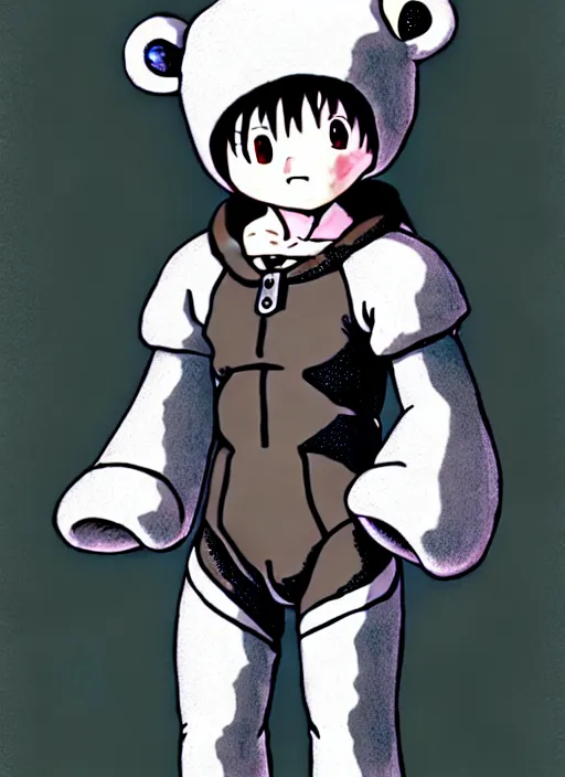 Image similar to beautiful little boy wearing an cyborg bear suit, artwork in kentaro miura and made in abyss and rosdraws, smooth, beautiful lightness, anatomically correct, trending on pixiv, forest