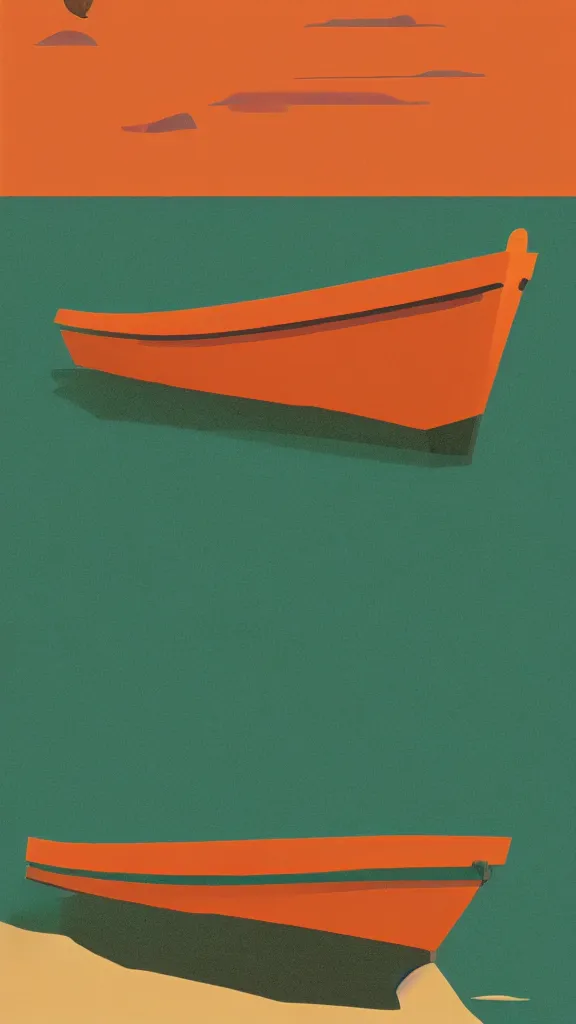 Prompt: a vintage neo retro poster of one pale orange and pale dark green boat floating on top of a body of stylized water in bassin d'arcachon, a sand dune in the distant background, a vintage poster screenprint, behance contest winner, australian tonalism, pale gradients design, matte drawing, clean and simple design, outrun color palette