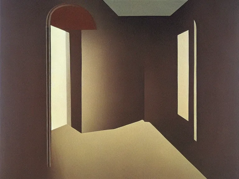 Prompt: an open window to nothingness in brick wall with endless hallway inside, painting by rene magritte, centered, high detail, high resolution