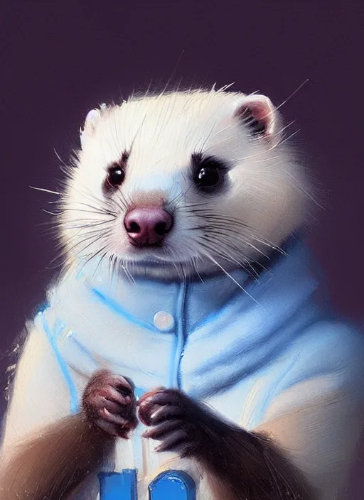 Prompt: very detailed masterpiece painting of a ferret wearing a fuzzy blue coat, portrait, artstation, concept art by greg rutkowski