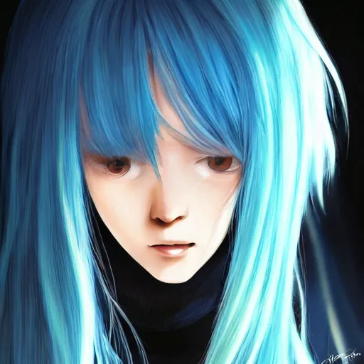 Image similar to full body shot of rimuru tempest, sky blue straight hair, long bangs, with amber eyes, wearing a black jacket, high collar, ultra detailed, concept art, award winning photography, digital painting, cinematic, wlop artstation, closeup, pixiv, evil, yoshitaka amano, andy warhol, ilya kuvshinov,