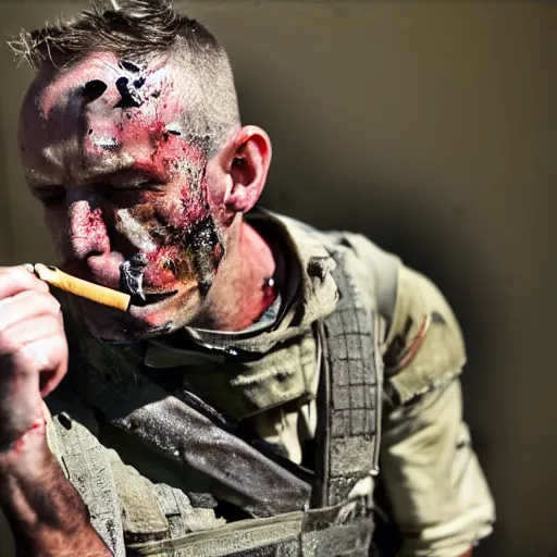 Prompt: Dying British mercenary wearing grey body armor smoking a cigarette in the aftermath of a bloody battle, photo by Adam Ferguson, Pulitzer Winning, cinematic composition, breathtaking, modern, 2022