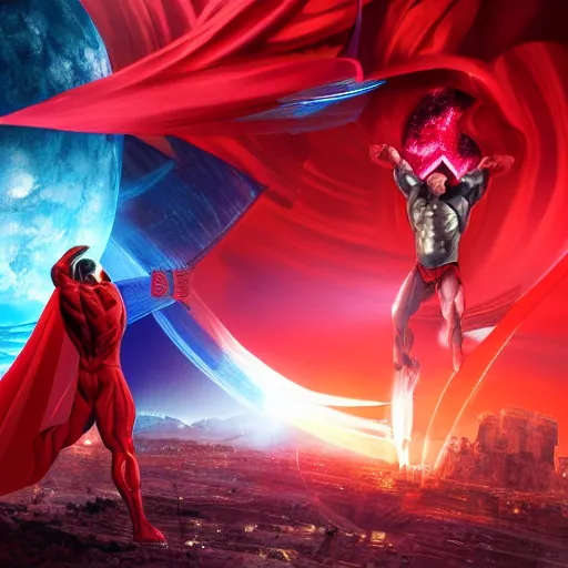 Prompt: muscular man in red superhero costume with flowing purple cape hovers in the air in the foreground facing away from the camera, magneto, in the background a massive metal silver moon has a massive explosion destroying it, death star, cinematic, graphic novel, matte fantasy painting, 4k, DeviantArt Artstation