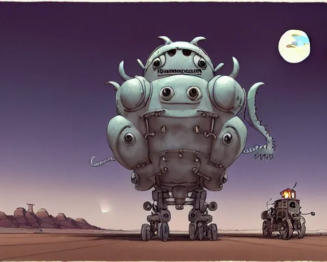 Image similar to a cell shaded cartoon grey lovecraftian mechanized demon from howl's moving castle ( 2 0 0 4 ), with a big head, on a desert road, wide shot, in front of a big moon, muted colors, post grunge, josan gonzales, wlop, by james jean, victor ngai, hq, deviantart, art by artgem